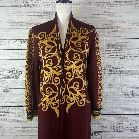 Vertigo Paris Gold Burgundy Motif Wool Open Front Long Cardigan Duster sz Small - Picture 3 of 16
